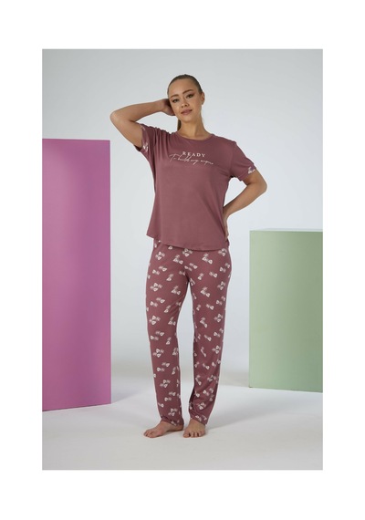 Estiva Kadın Yaprak Alt Desenli Kısa Kollu Soft Pijama Takımı Pudra