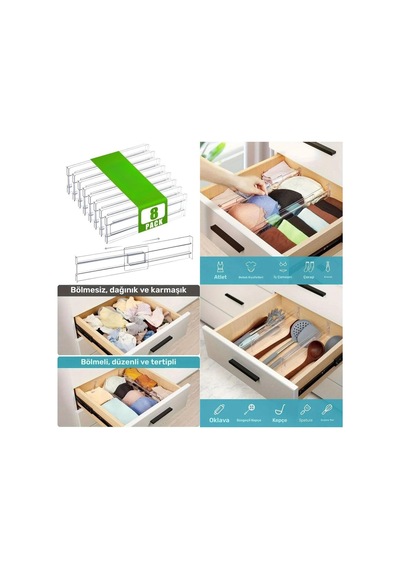 Şura Mutfak Akrilik Ayarlanabilir Çekmece Düzenleyici Organizer, 8 Parça Set, 30 X 50 Cm, Şeffaf, Çekmece İçi D Diğer
