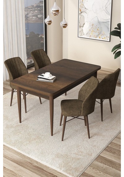 Canisa Arp Serisi 70x110 Sabit Mutfak Masası Takımı Barok Desen Masa 4 Kahverengi Sandalye Masa Barok Ahşap Desen Sandalye Kahverengi