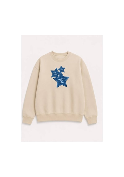 Herkesemoda Kot Efektli Yıldız Baskılı 2 İplik Şardonlu Bisiklet Yaka Sweatshirt Bej