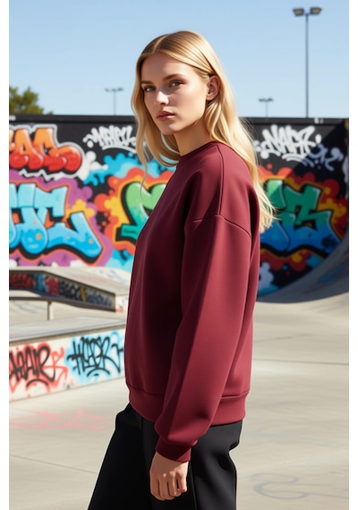 Benerly Kadın Bisiklet Yaka Düşük Kol Oversize Kalın Örme Sweatshirt Fonk Bordo