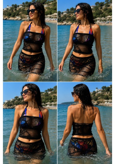 Elmoda Esnek Dokulu Yakma Örme File Plaj Takımı Siyah Siyah