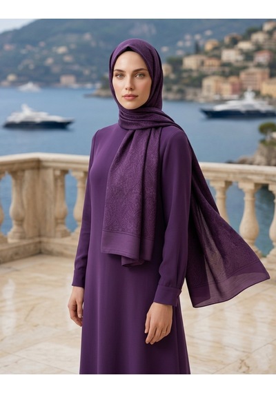 Moda Nuda Çift Taraflı Etnik Desen Şal Mor