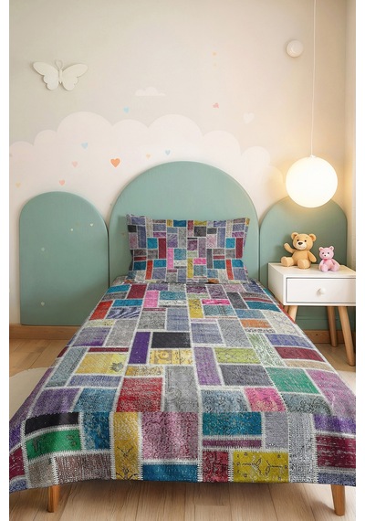 Geometrik Gri Renkli Tek Kişilik Pike - Bohem Patchwork Çok Renkli Mevsimlik Yatak Örtüsü 160x220 Cm Kırçıllı Meşe Örtüsü