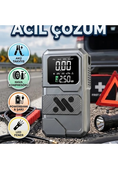 Taşınabilir Akü Takviye Cihazı 12000mah Lastik Şişirme Kompresörü Ve Powerbank