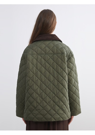 Lcw Modest Haki Kadife Gömlek Yaka Oversize Kadın Şişme Mont