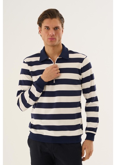 Çizgili Yarım Fermuarlı Polo Yaka Uzun Kollu Sweatshirt Lacivert