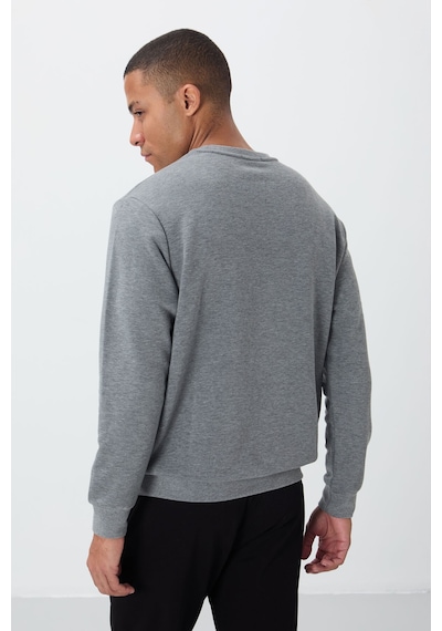 Tommy Life Gri Melanj Yazı Nakışlı O Yaka Rahat Form İçi Polarlı Erkek Sweatshirt - 88020 GRİ MELANJ