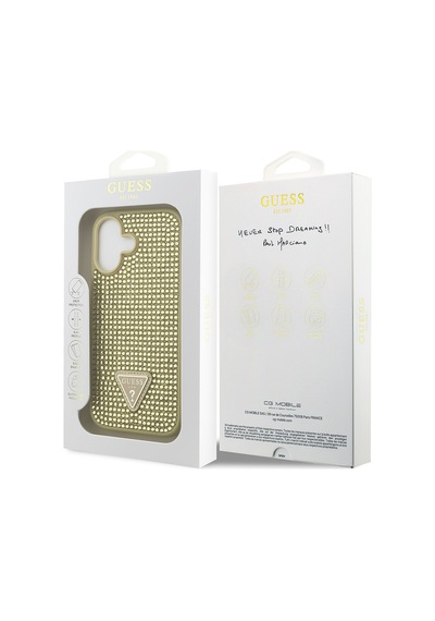 Apple Uyumlu iPhone 17 Kılıf Guess Lisanslı Taşlı Arka Yüzey Üçgen Logolu Kapak Gold