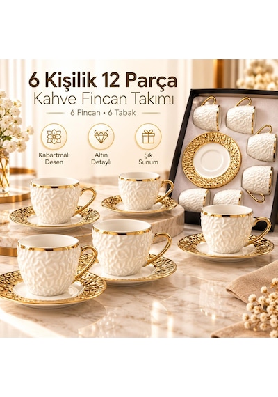 Valkyrie Şehrazat Serisi 6 Kişilik 12 Parça Kahve Fincan Takımı Kabartmalı Desenli, Altın Detaylı Beyaz Altın