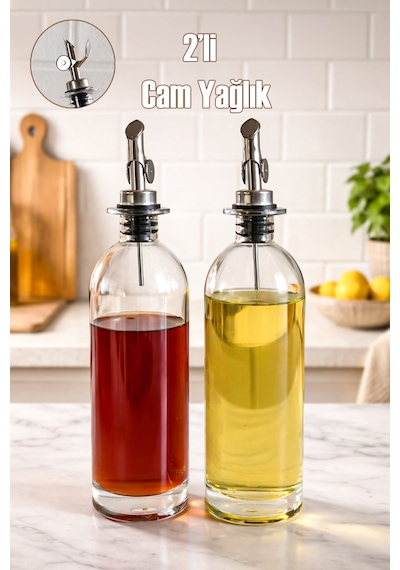 Porsima 3890-1 Gümüş Sızdırmaz Kapaklı Cam 2 Li Yağlık Sirkelik Yağdanlık Seti 500+500 Ml Şeffaf- Gümüş