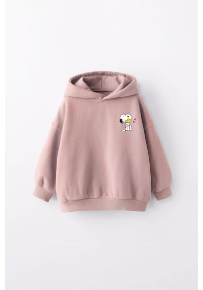Kız Çocuk Snoopy Baskılı Kapüşonlu Manşetli Sweatshirt Pudra