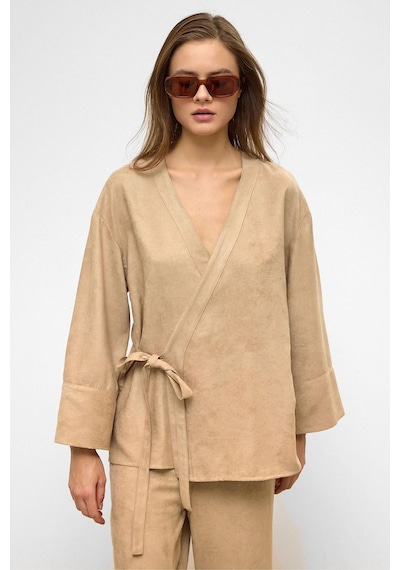 Olcay Önü Bağlamalı Süet Görünümlü Kimono İkili Takım Taş 9366-tk