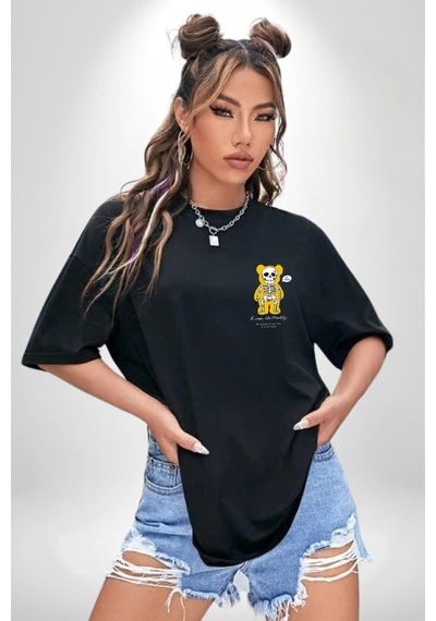 Mutlu Ol Siyah Oversize Unisex Ön Sol Yan Minimal Baskılı Tişört Koyu Siyah