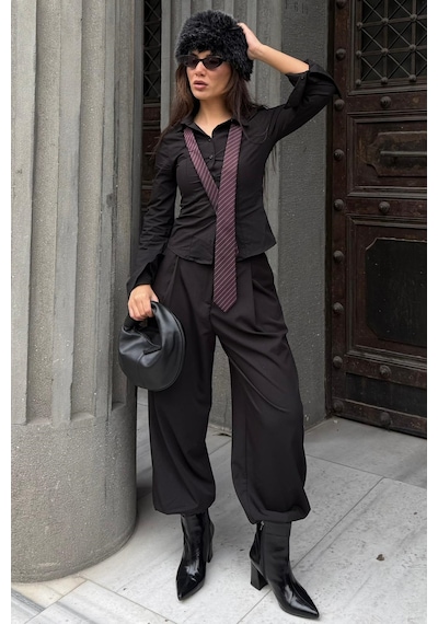Madmext Siyah Vücuda Oturan Slim Fit Kadın Gömlek Mg2659 Siyah