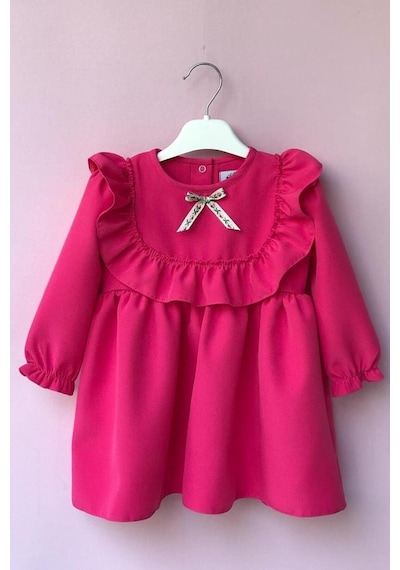 Fırfır Ve Kurdele Detaylı Tasarım Şeker Pembe Kız Çocuk Bebek Elbise 001