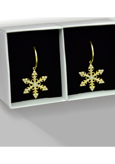 Papatya Silver 925 Ayar Gümüş Gold Kaplama Opal Taşlı Kar Tanesi Halka Küpe