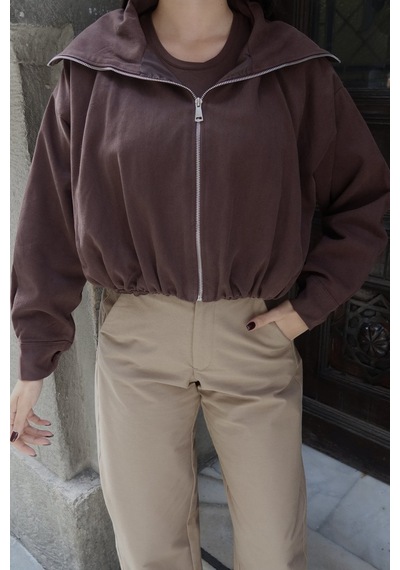 Kechi Woman Gabardin Kumaş Şal Yaka Astarlı Fermuarlı Ceket Kahverengi