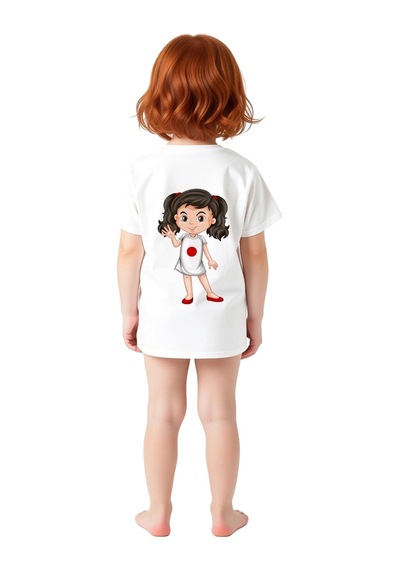 Paybuy Çocuk Tişört Kawaii Kız Karakteri Kalpli Gözler Fiyonklu Baskılı beyaz
