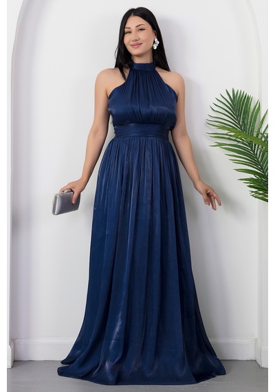 Kalopya Halter Yaka Şifon Elbise Grs4128 Lacivert
