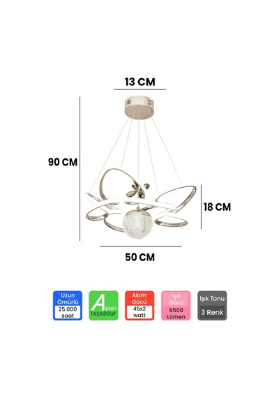 Modern 3 Renk Kumandalı Krom Büyük Boy Salon Avize Toplu Led Avize Çok Renkli