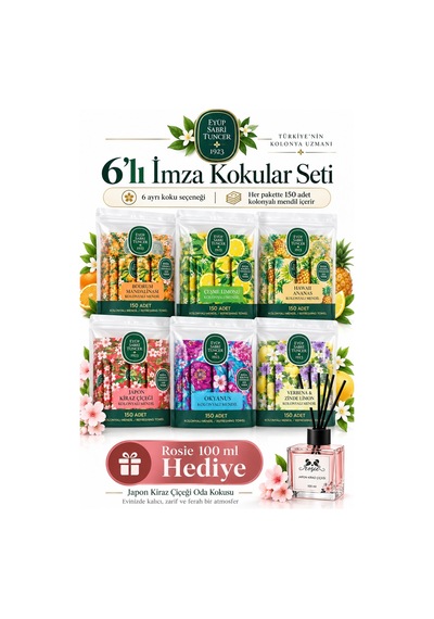 Eyüp Sabri Tuncer 150'li Kolonyalı Mendil 6'lı İmza Kokular Seti + Rosie 100 Ml Japon Kiraz Çiçeği Tekli