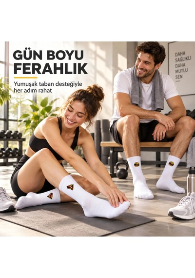 S'82 Unisex Çorap Beyaz Nakışlı 3'lü Set Pizza Hotdog Hamburger Desenli Uzun Soket Günlük Spor Çorap Seti