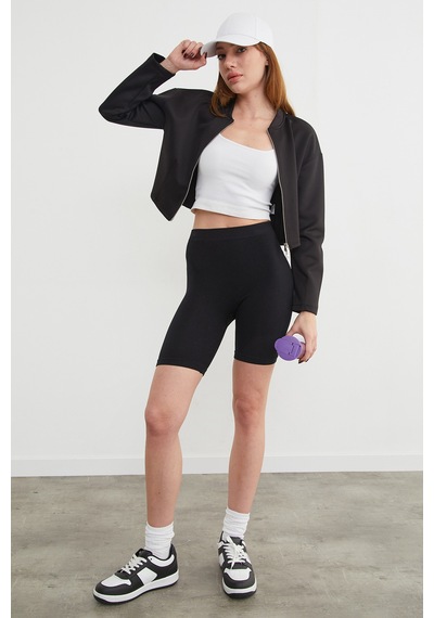 Fullamoda Fermuarlı Hakim Yaka Crop Spor Ceket Siyah