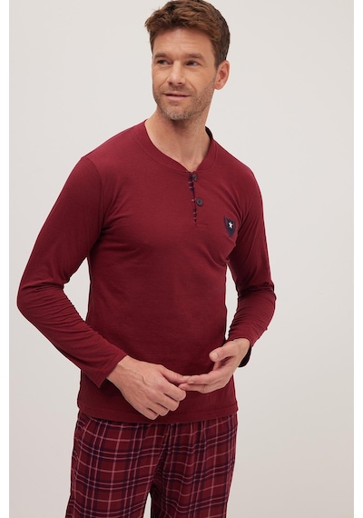 Tudors Erkek Regular Fit Pamuklu Düğmeli Yaka Beli Lastikli Desenli Bordo Pijama Takımı-39790 Bordo