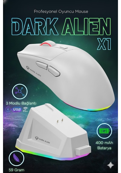 Dark Alien X1 Kablosuz 3 Modlu Oyuncu Mouse- 59 Gram 400 Mah Batarya- Makrolu Diğer