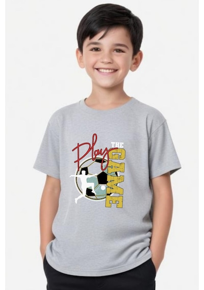 Panios Kids Play Game Baskılı Erkek Çocuk Kısa Kollu Yuvarlak Yaka T-shirt Gri