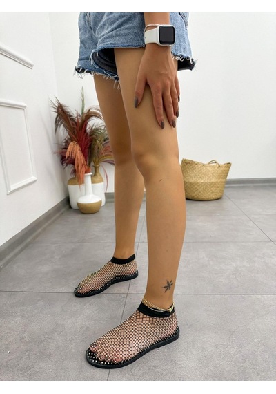 Erva'nın Butiği Siyah Sparkle Taş Detay File Kadın Sandalet-4852 Siyah File