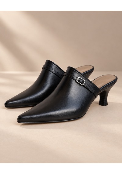 Yeo Leather Kadın Siyah Hakiki Deri Sivri Burun Tokalı Topuklu Terlik 6 Cm Neolit Taban