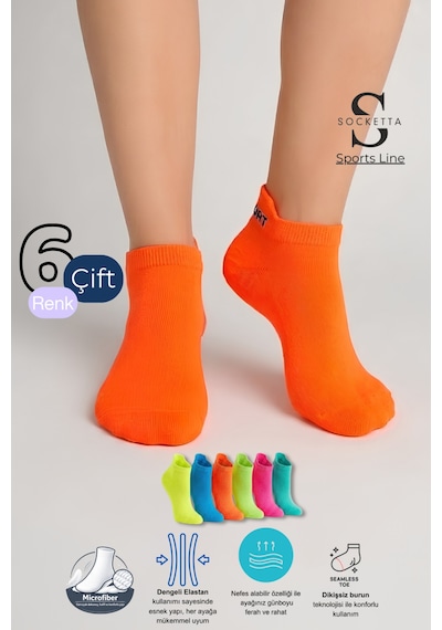 Socketta Kadın Mikrofiber Dikişsiz 6'lı Karışık Renk Patik Çorap Premium Çok Renkli