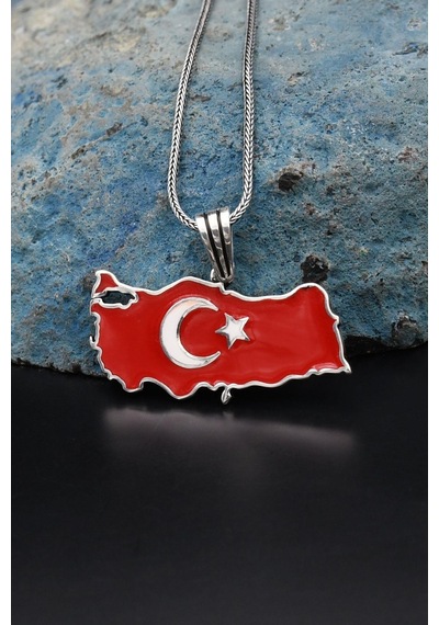 Türk Bayrağı Ay Yıldızlı Mineli 925 Ayar Gümüş Kolye Zincir 901119