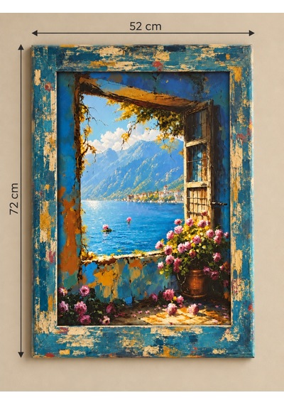 Ahşap Avangard Çerçeve Desenli Taş Duvar Ve Göl Manzaralı Dekoratif Ahşap Tablo 52x72 Cm