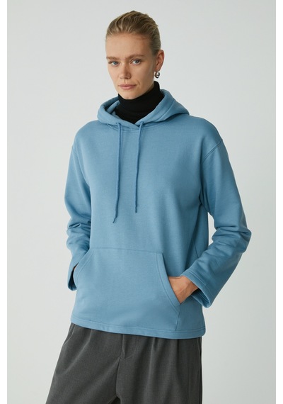 Ethıquet Pıper Kadın Içi Polarlı Yumuşacık Comfort Fit Kapüşonlu Kanguru Cepli Mavi Sweatshirt