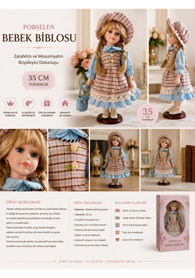 Premium 35 Cm Elbiseli Porselen Bebek Biblosu Dekoratif Vintage Kız Biblo Ev Salon Dekoru -