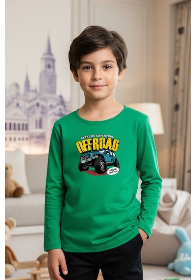 Fyk Kids Sıfır Yaka Off Road Baskılı Erkek Çocuk Sweatshirt Yeşil