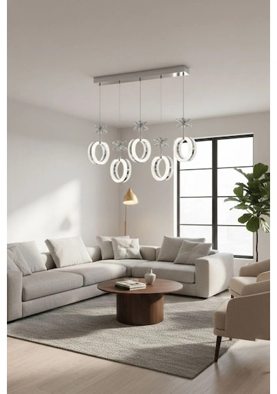 LumiaLighting Aurea Model 5"li Gümüş 3 Renk Modu Yemek Masası Oturma Çocuk Yatak Odası Modern Ledli Avize