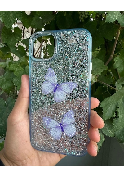 Apple Uyumlu iPhone 15 Plus Taşlı Simli Kelebekli Kılıf Mavi