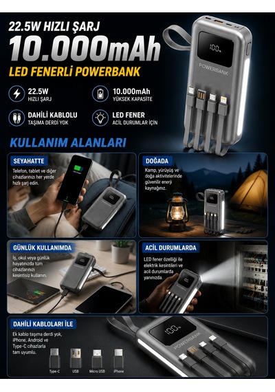 10000mah 22.5w Hızlı Şarjlı Powerbank Usb Micro Type-c Girişli Led Işıklı Kendinden Kablolu Antrasit
