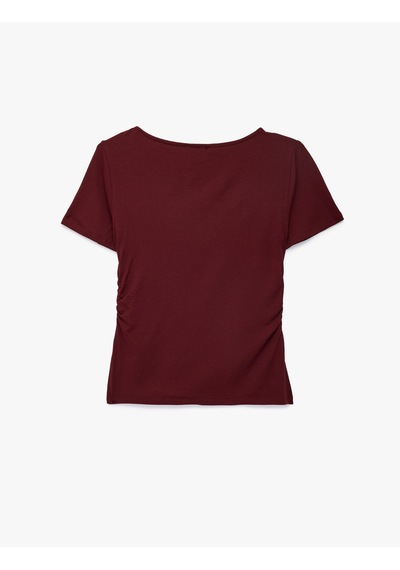Koton Viskon Slim Fit Büzgülü Bisiklet Yaka Kısa Kollu Tişört Bordo 7wak50052ek
