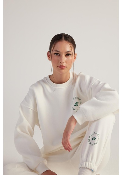 Holly Lolly 3 İplik Şardonlu Uzun Kol Bisiklet Yaka Fine Sweatshirt Ekru