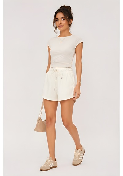 Lili Woman Kadın Ekru Beli Lastikli Şort Etek Bağcık Detaylı Minimal Fit K.4747