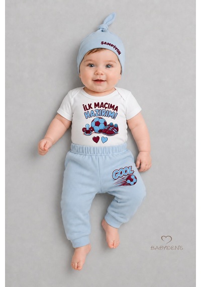 Babyden's Bebek 3'lü Takım Bordo Mavi Taraftar Temalı Kısa Kol %100 Pamuk Yenidoğan Body Pantolon Şapka Seti İlk Maçıma Hazırım 0-9 Ay