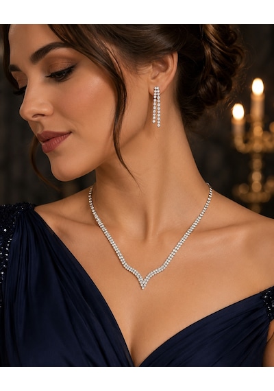 Lumière Işıltı Kadın Abiye Takı Seti V Model Taşlı Kolye Küpe Bileklik Seti Renkli