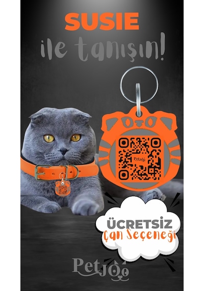 Petjoo 3.Susie Gri-Turuncu Qr'lı Kedi Künyesi