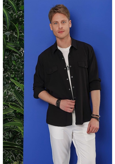 Efor G 1551 Slim Fit Siyah Klasik Gömlek Siyah