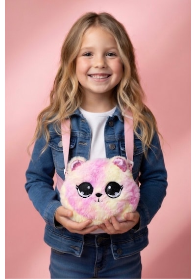 Mollycrush Hediye Kız Çocuk Pembe Ayıcık Figürlü Peluş Çanta Simli Kulaklı Ayarlanabilir Askılı Pembe